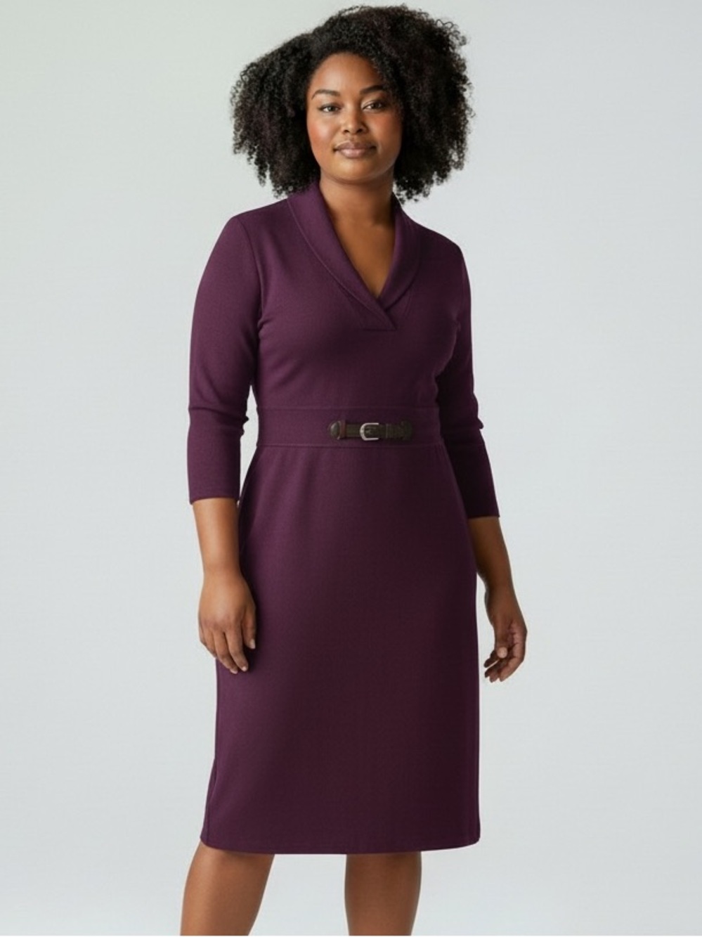 Calvin Klein Aubergine Shawl-Collar Buckle Sweater Dress – Size L